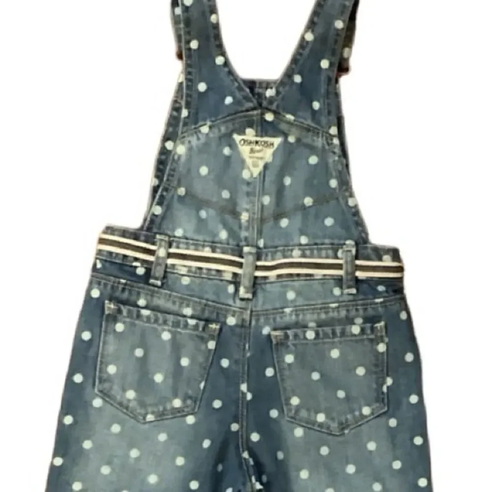 Oshkosh Polka Dot Overalls 3T Blue Denim Bibbed White Circles Tie Belt Vestbak